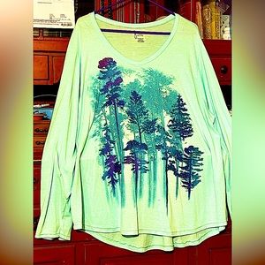 purple glitter with Tall teal trees long sleeve tunic soft stretchy top Rare vtg
